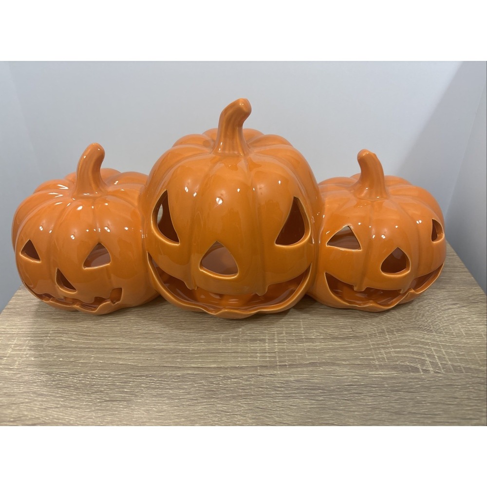 Vintage Ceramic Triple Jack-O-Lantern Votive Holder Halloween Pumpkin Candles